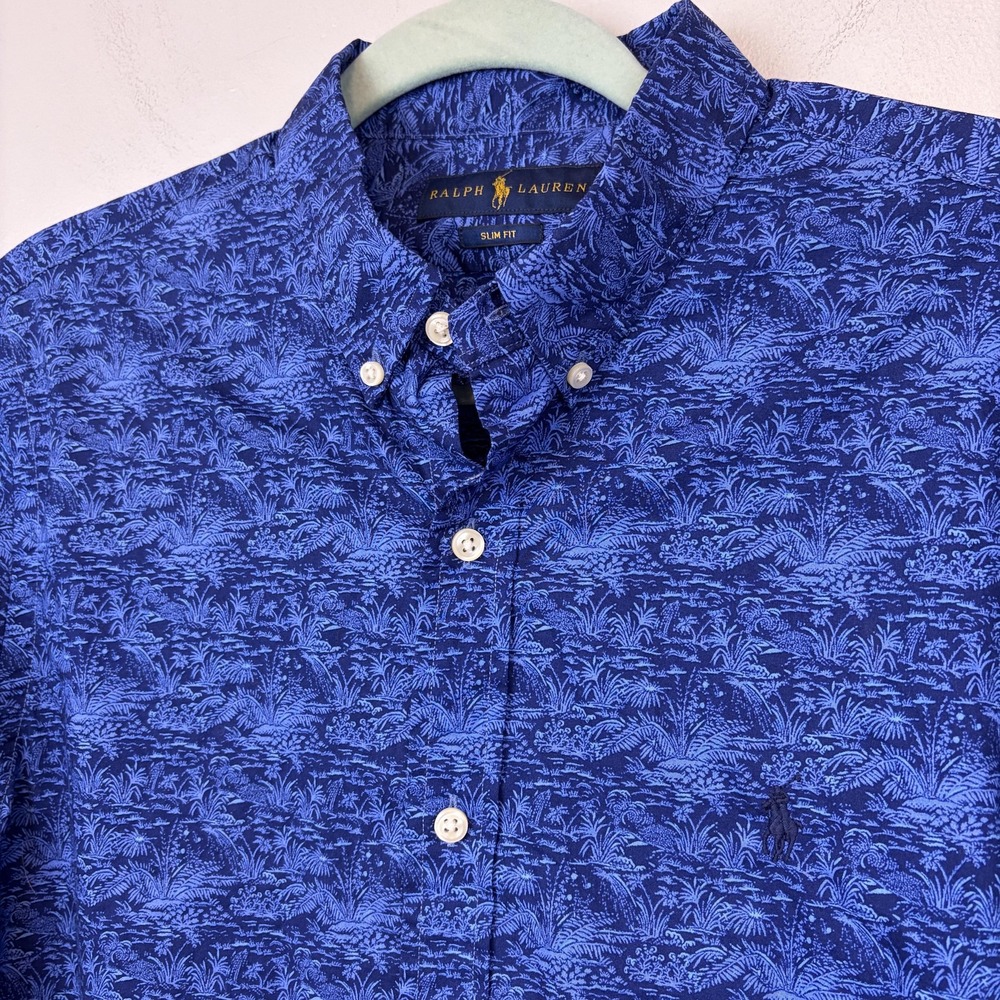 Ralph Lauren Shirt‎ Mens Medium Blue Slim Fit Button Down Tropical Print Casual